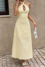 Beige Crisscross Halter Keyhole Ruched Waist A Line Midi Dress
