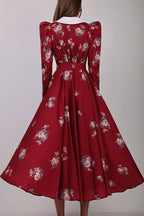 Contrast Collar Puff Sleeve Belted Ditsy Floral Print Midi Dress