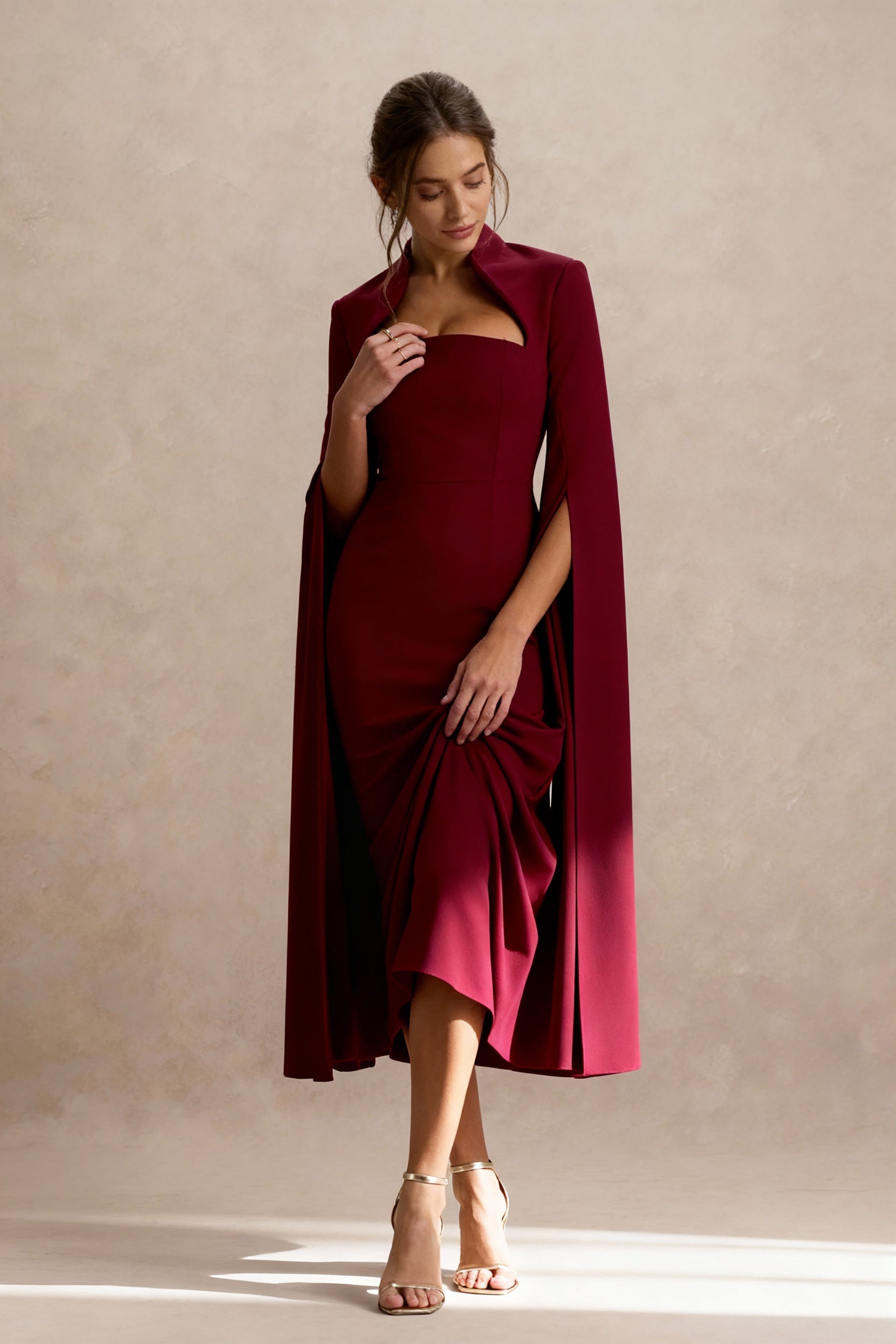 Cut Out Collar Square Neck Cape Sleeve Bodycon Midi Dress