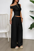 Textured Asymmetrical Tank Top Wide Leg Pants Set