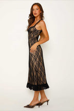 Lace Spaghetti Strap Sweetheart Ruched Pleated Hem Slip Midi Dress