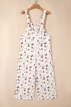 Beige Western Printed Button Adjustable Straps Loose Jumpsuit Dungarees