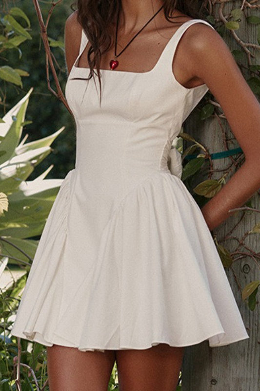 Square Neck Corset Basque Waist Bow Back Pleated Mini Dress