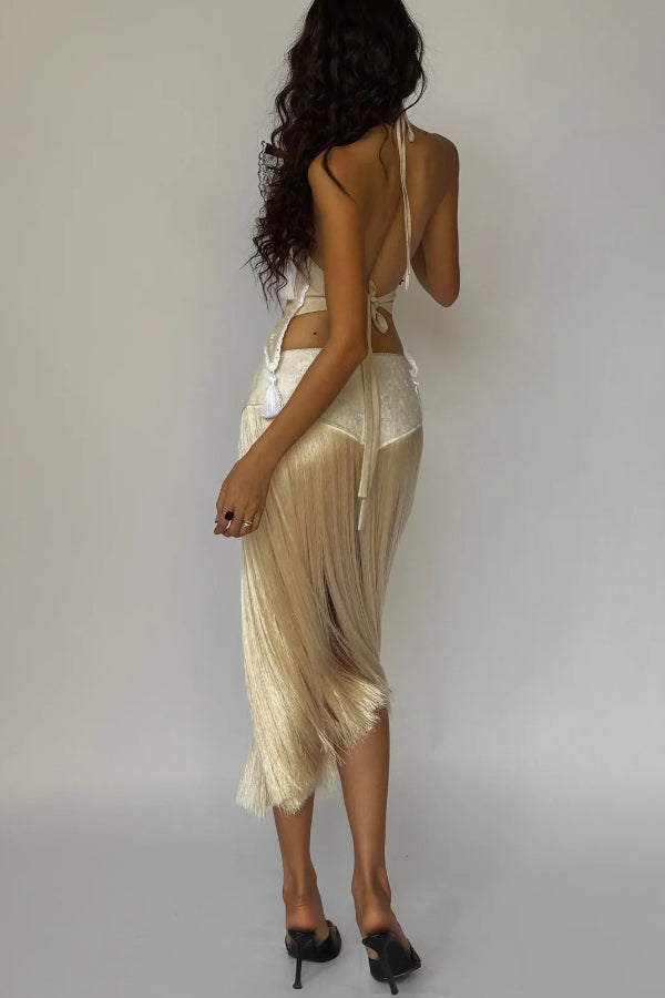Fashionable Lace Appliqué Tassel Hem Vacation Maxi Skirt