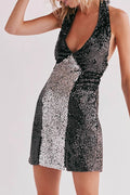 Sequin Deep V-Neck Halter Neck Backless Party Mini Dress