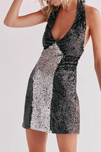 Sequin Deep V-Neck Halter Neck Backless Party Mini Dress