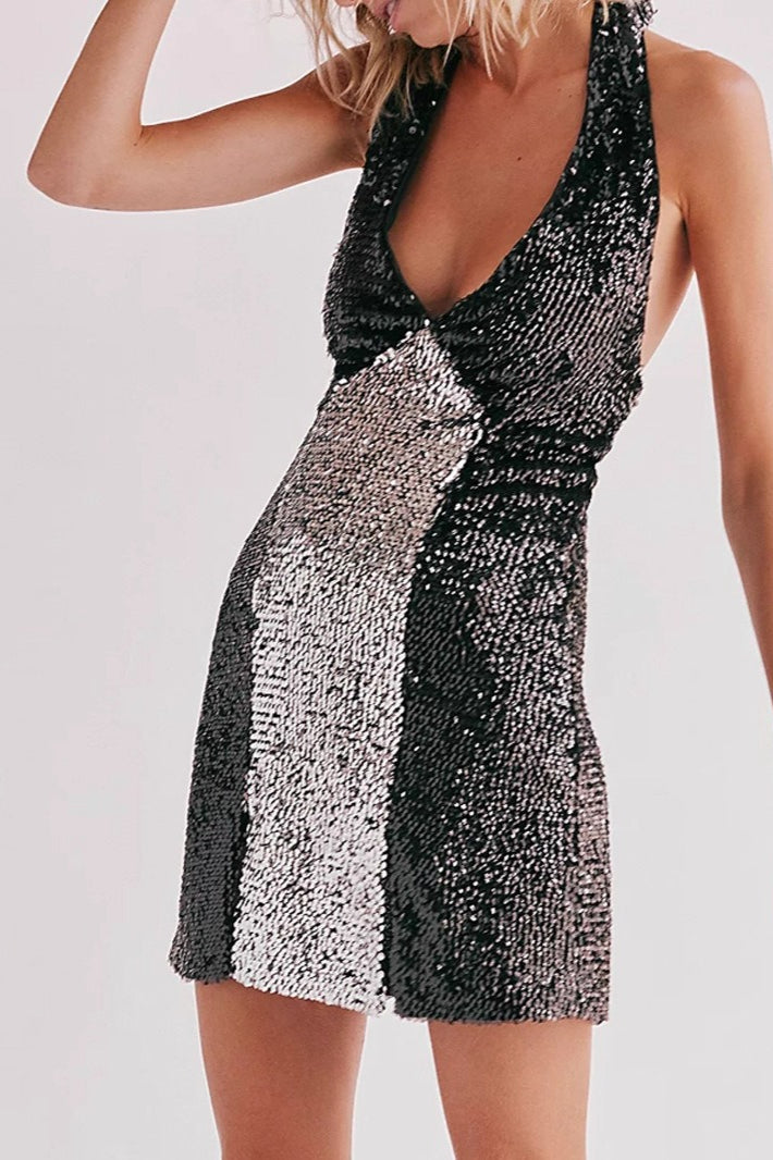 Sequin Deep V-Neck Halter Neck Backless Party Mini Dress