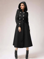 Double-breasted Woolen Coat With Hood Burgundy Belted Winter Long Outerwear For Women 2026