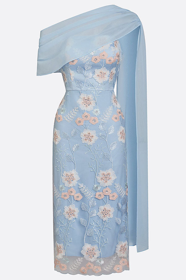 Ellie Ruched Drape Tulle One Shoulder Floral Embroidery Party Midi Dress