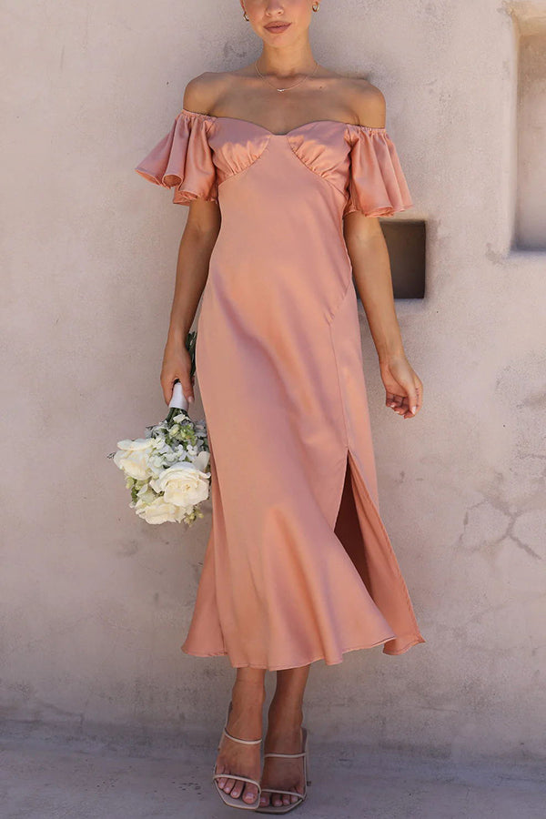 Satin Off Shoulder Flutter Sleeve Sweetheart Ruched Side Slit Midi Dress