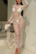 Solid Color Stretch Two-piece Bikini Swimsuit and Hollowed-out Long-sleeved Slim-fit Cover-up Maxi Dress Set