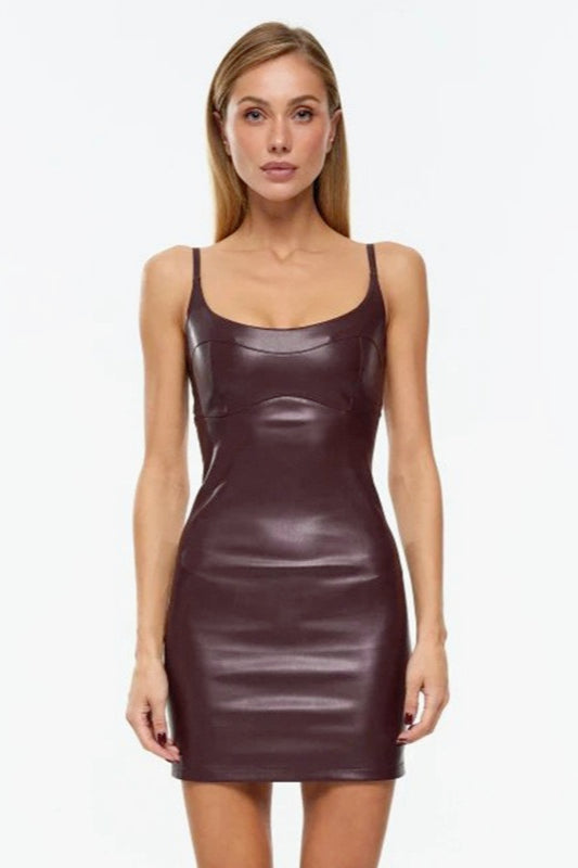 Spaghetti Strap Scoop Neck Faux Leather Bodycon Mini Dress