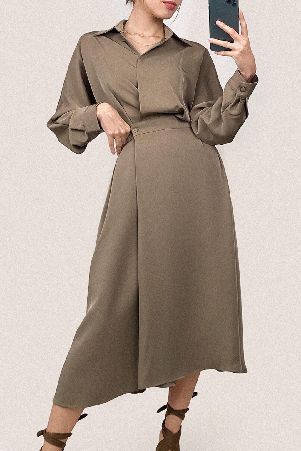 Surplice Pleat Detail Long Sleeve Collar Blouse and A-Line Midi Skirt Set