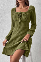 Blue Zone Planet | Ribbed Tied Square Neck Long Sleeve Mini Dress