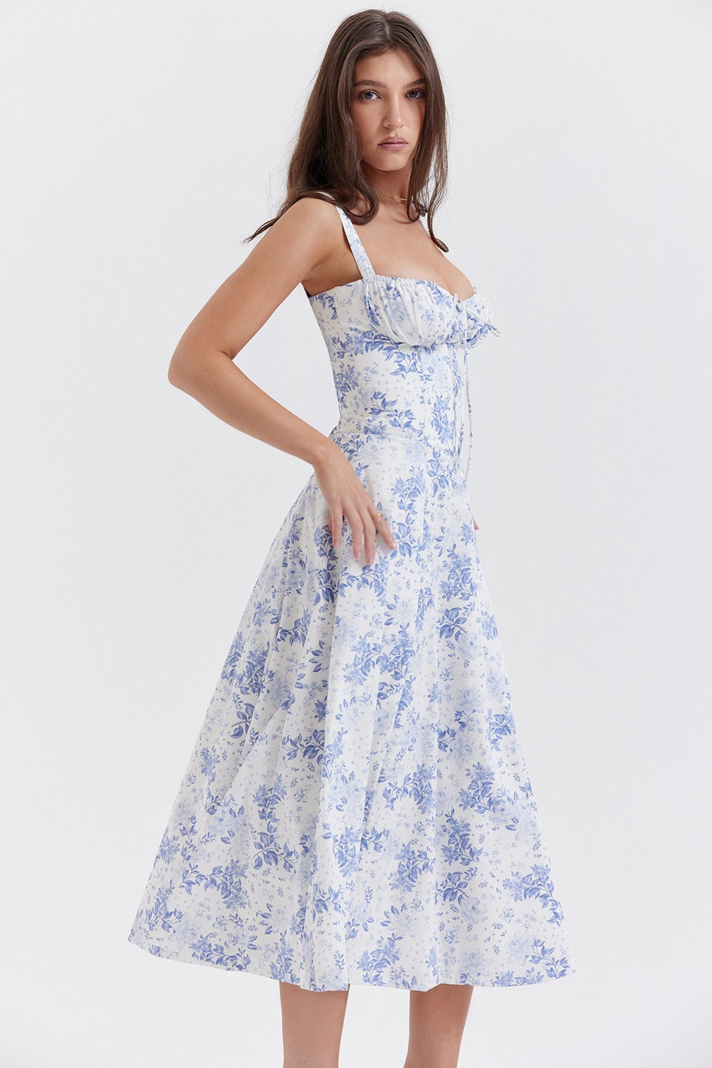 Wide Strap Sweetheart Ruched Bust Toile Floral Print A-Line Midi Dress