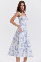 Floral Print Sweetheart Corset Bodice Wide Strap Fit and Flare Midi Dress