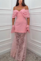 Cassie Bow Neck Off Shoulder Mini Dress and Lace Elastic Waist Maxi Skirt Set
