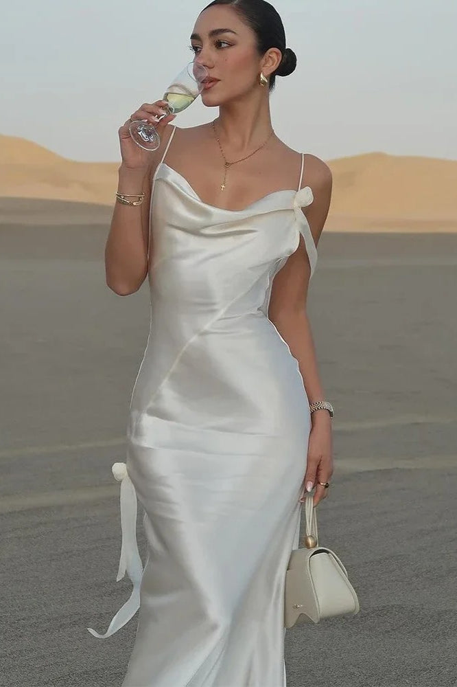 Spaghetti Strap Cowl Neck Bow Tie Detail Satin Maxi Dress