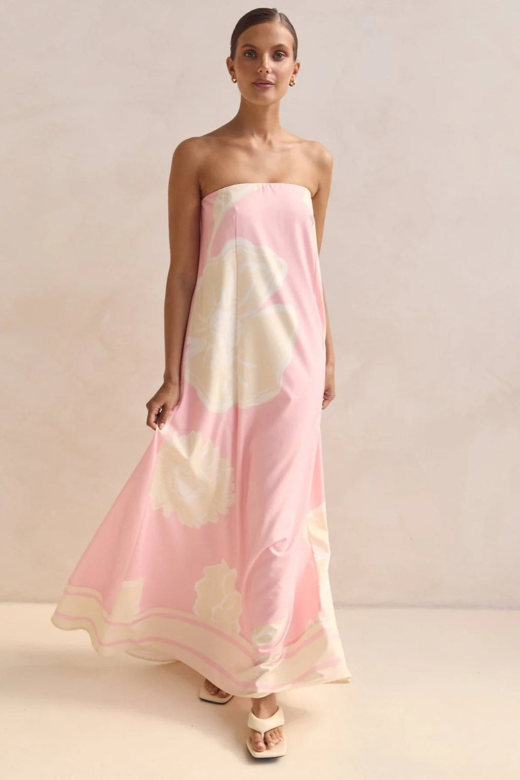 Strapless Contrast Band Hem A-Line Maxi Dress