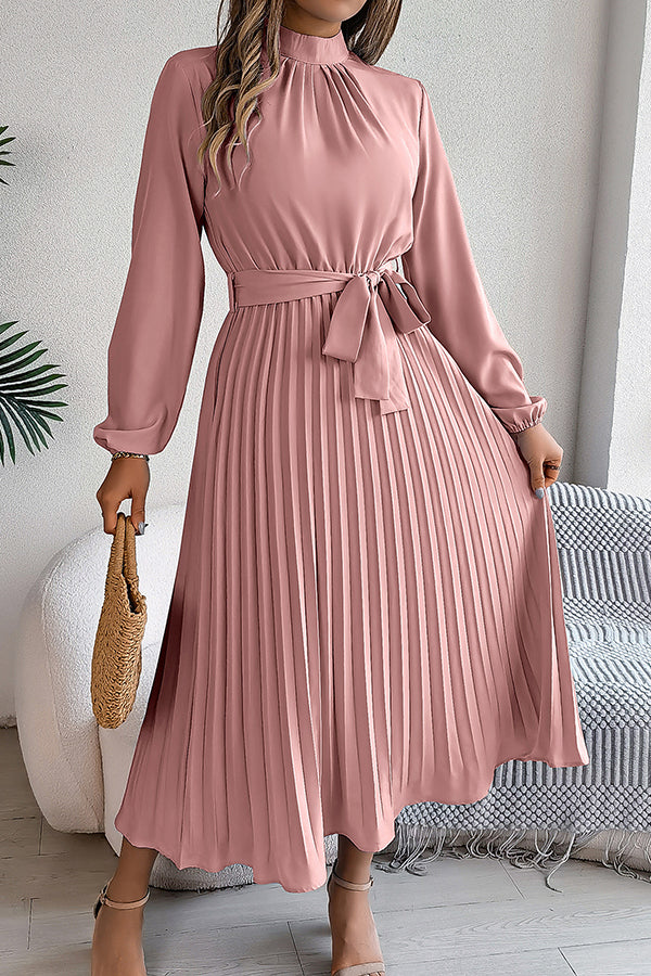 Mock Neck Lantern Sleeve Belted Pleated A-Line Midi Dress