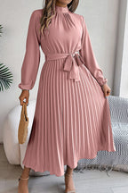 Mock Neck Lantern Sleeve Belted Pleated A-Line Midi Dress