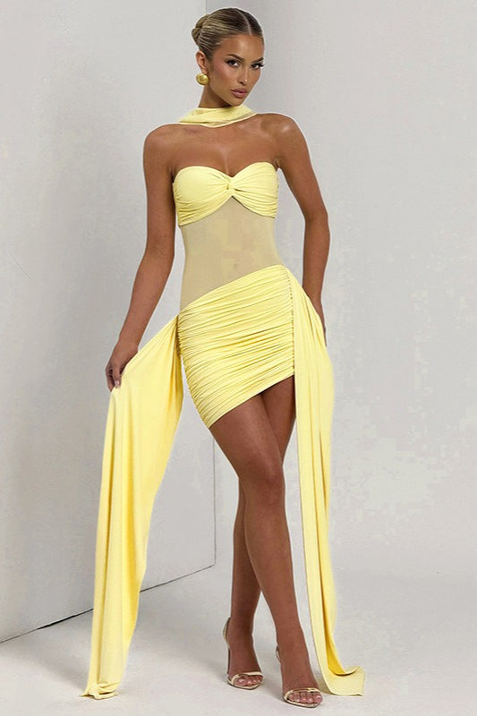 Strapless Mesh Panel Ruched Draped Panel Bodycon Mini Dress