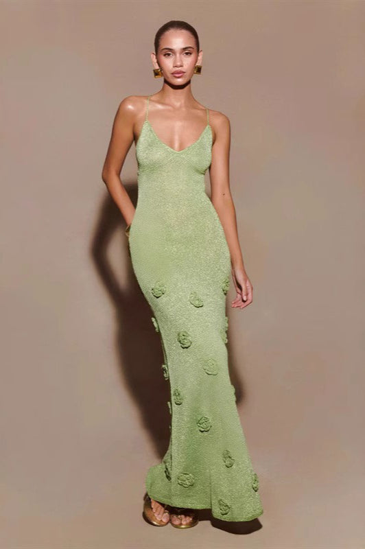 Metallic Knit 3D Floral Appliqué Spaghetti Strap Maxi Dress
