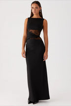 Lace Panel Boat Neck Cut Out Waist Sleeveless Bodycon Maxi Dress