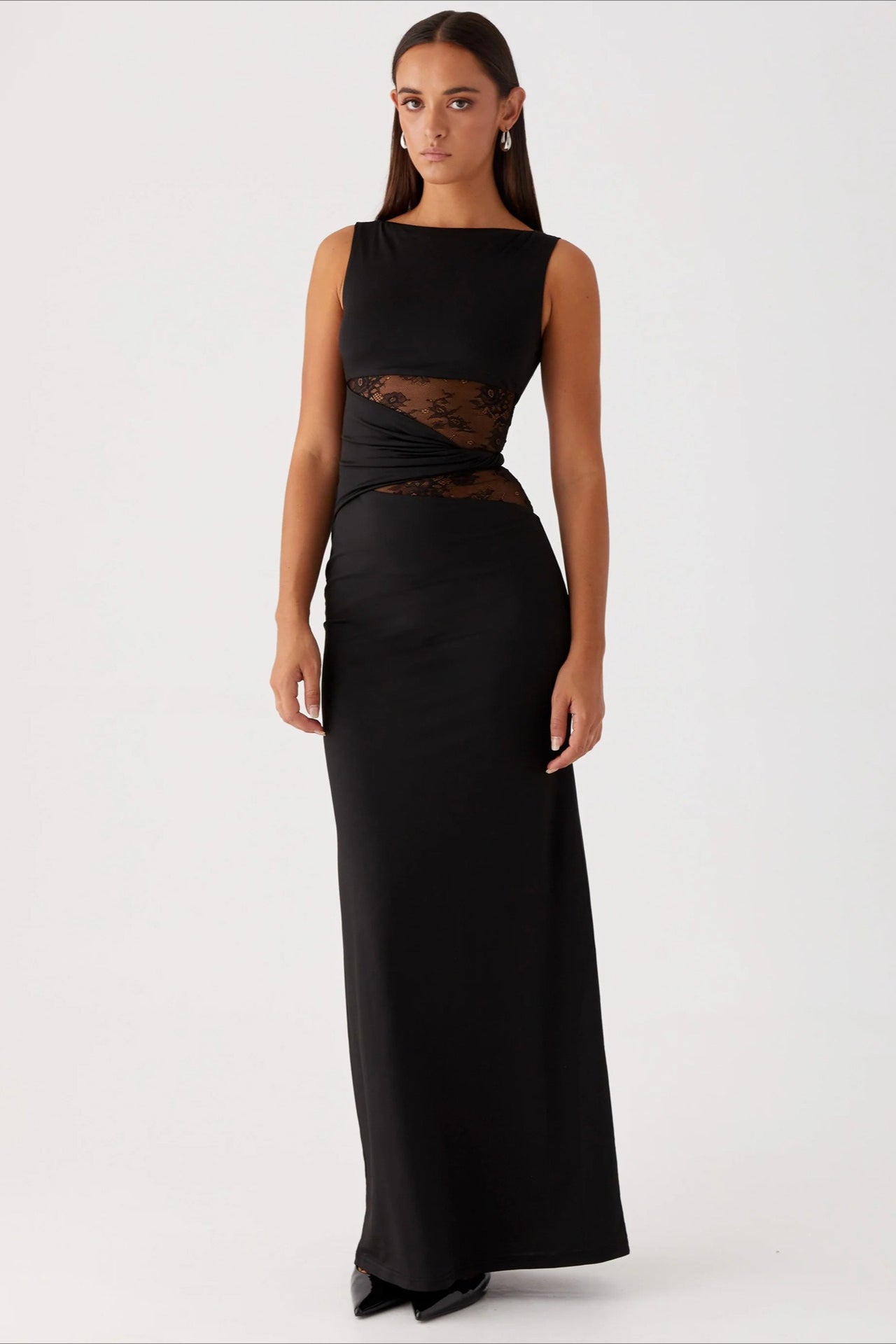 Lace Panel Boat Neck Cut Out Waist Sleeveless Bodycon Maxi Dress