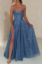 Glitter Cowl Neck Corset Bodice Spaghetti Strap Pleated High Split Pocketed Maxi Gown