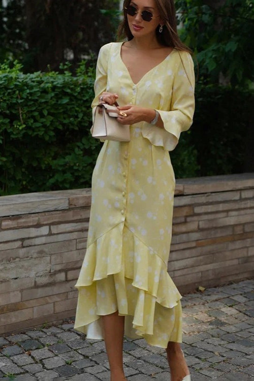 Asymmetric V Neck Flare Sleeve Floral Dress