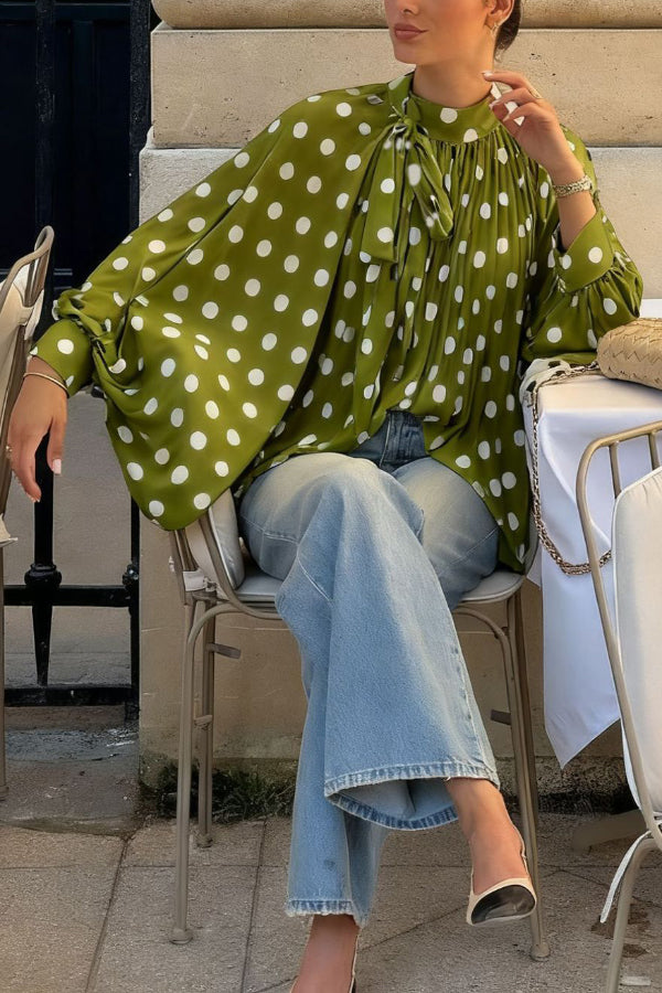 Polka Dot Print Tie-waist Lantern Sleeve Elegant Loose Shirt