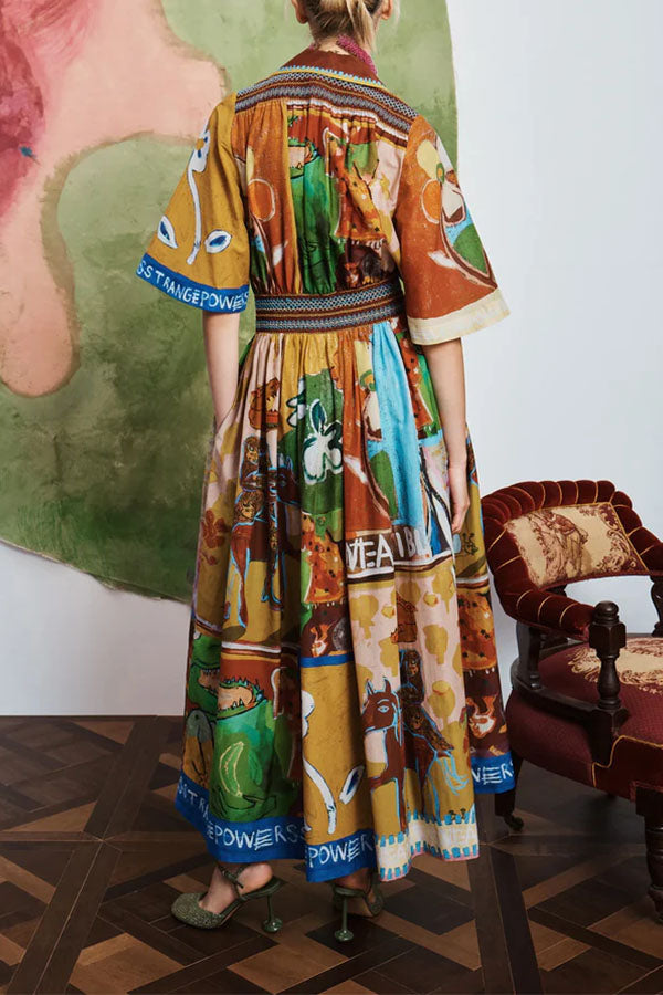Vintage-Style Multi-Color Print Shirt Maxi Dress