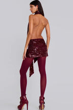 Sequin Halter Neck Deep V Neck Draped Neck Scarf Bodycon Mini Dress