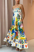Graphic Print Square Neck Spaghetti Strap Pocket A-Line Maxi Dress