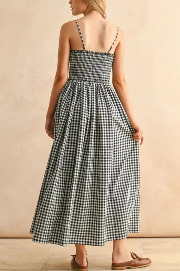 Stylish Plaid Print Spaghetti Strap Ruched Casual Pocket Maxi Dress