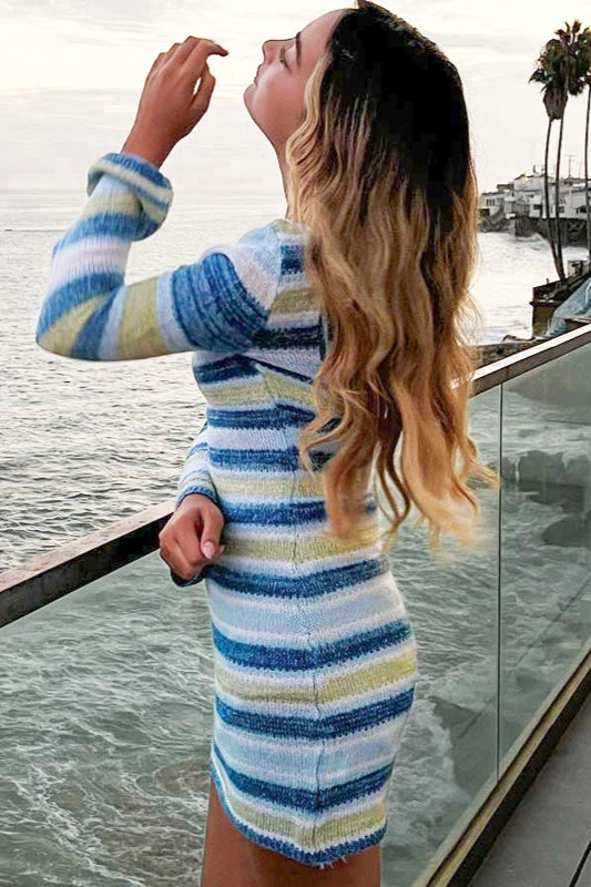 Striped Knit Mock Neck Bell Sleeve Bodycon Mini Sweater Dress