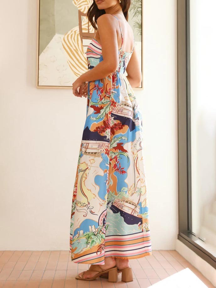 Nautical Map Print Spaghetti Strap Striped Border Maxi Dress