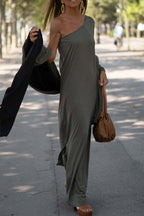 One Shoulder Long Bishop Sleeve Side Slit Flowy Maxi Dress