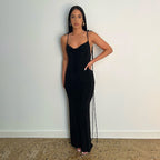 Rib Knit Tie Strap Cowl Back Side Cutout Column Maxi Dress
