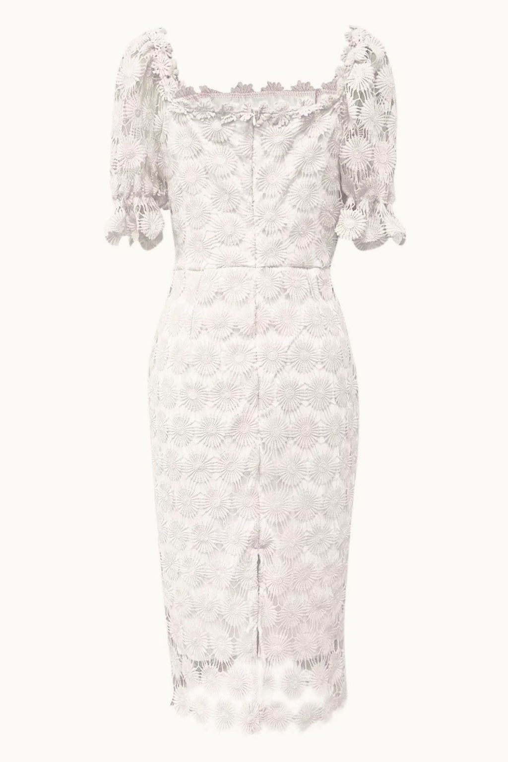 Off Shoulder Floral Lace Puff Sleeve Bodycon Midi Dress