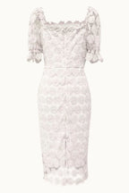 Off Shoulder Floral Lace Puff Sleeve Bodycon Midi Dress