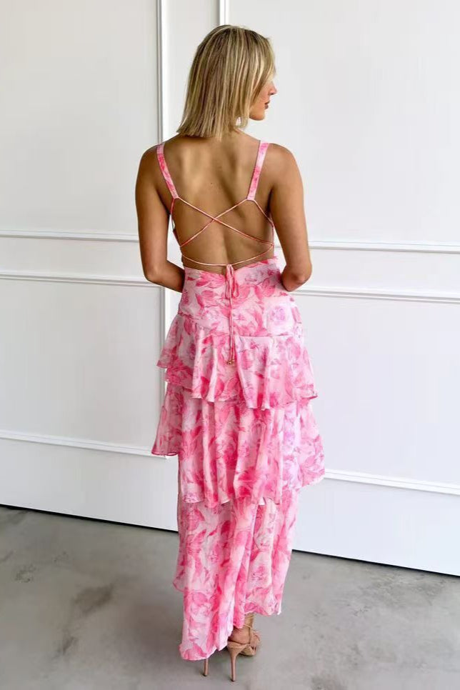 Deep V Neck Tiered Ruffle Watercolor Floral Print Maxi Dress