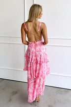 Deep V Neck Tiered Ruffle Watercolor Floral Print Maxi Dress