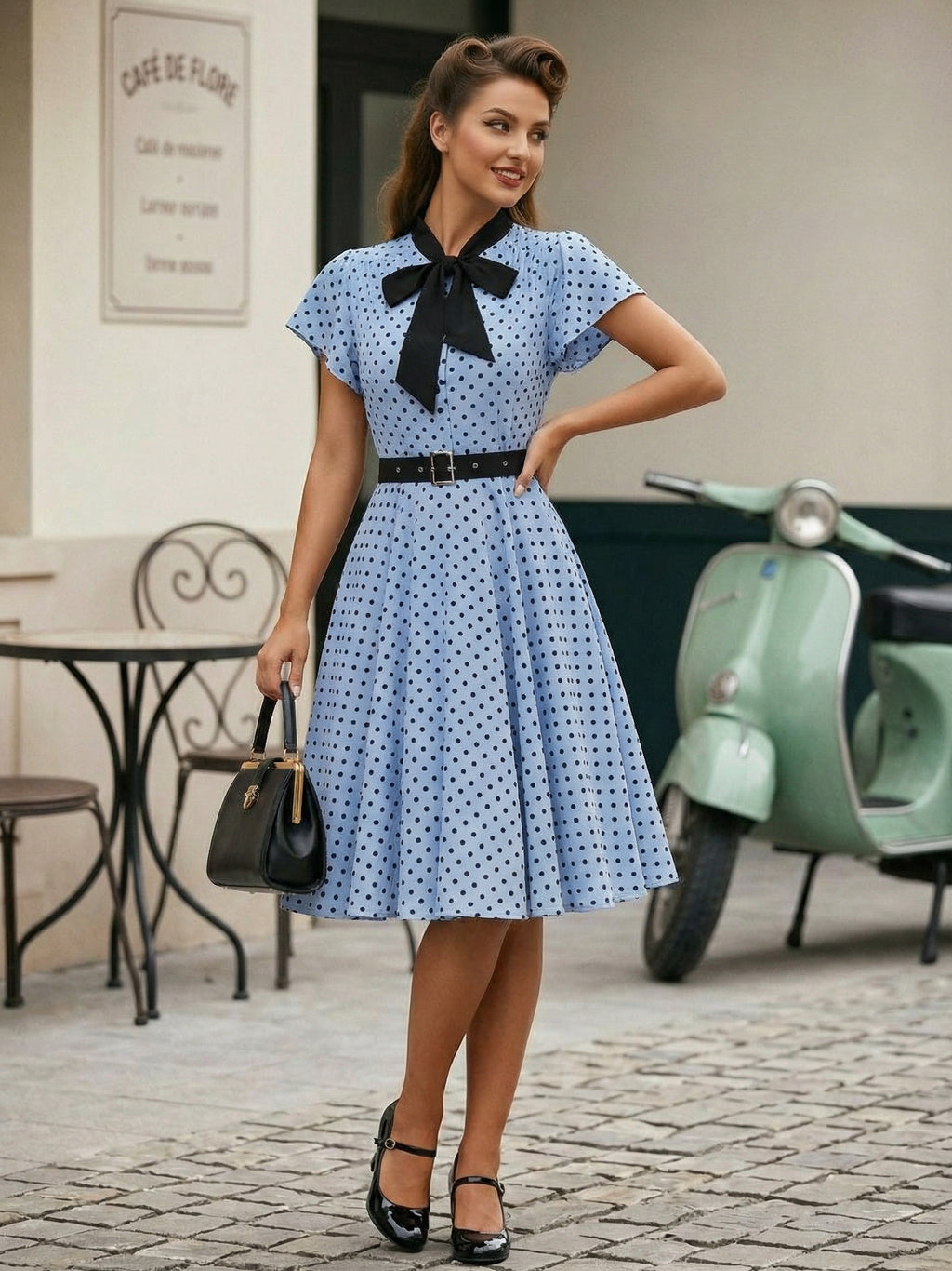 Polka Dot Shirt Dress With Tie And Belt Flutter Sleeve Vintage Midi Dress For Women 2026