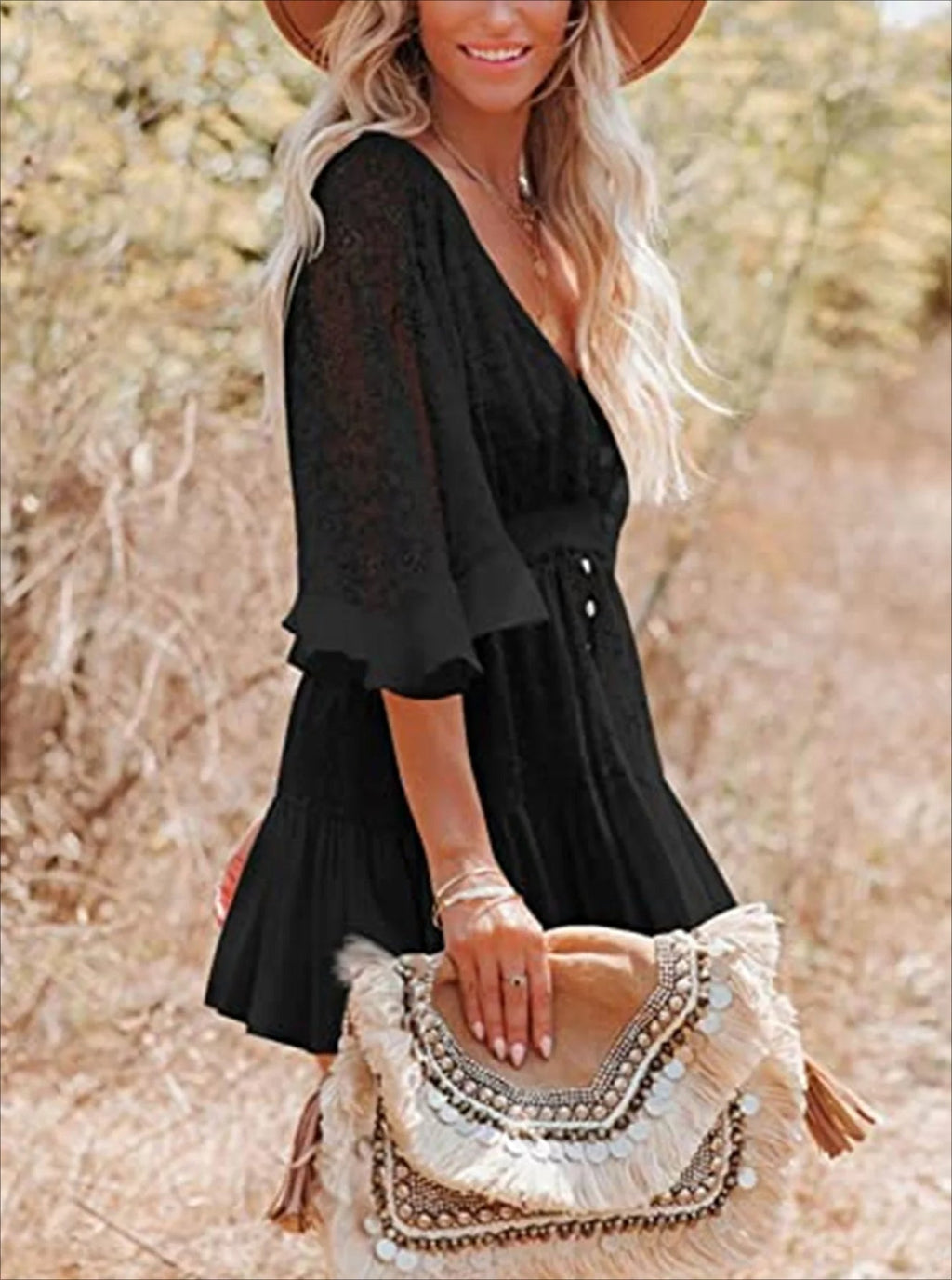 Lace V-Neck Ruffle Mini Dress