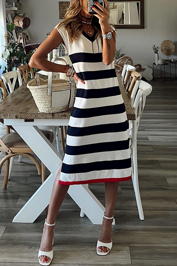 Striped V-Neck Cap Sleeve Side Slit Midi Dress