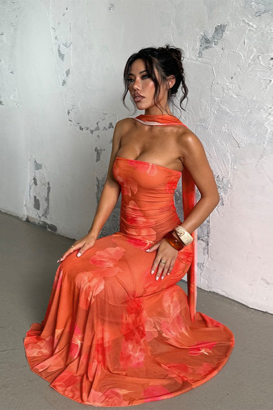 Orange Strapless Mermaid Ruched Abstract Floral Print Maxi Dress