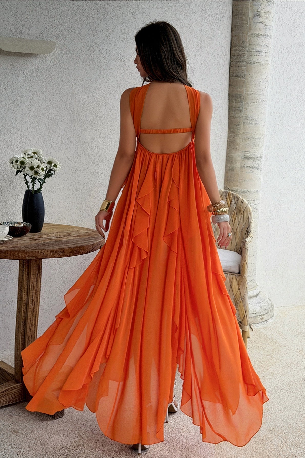 Strapless Starfish Detail Tiered Ruffle Chiffon Maxi Dress