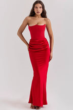 Strapless Corset Pointed Neckline Ruched Hip Satin Column Maxi Gown